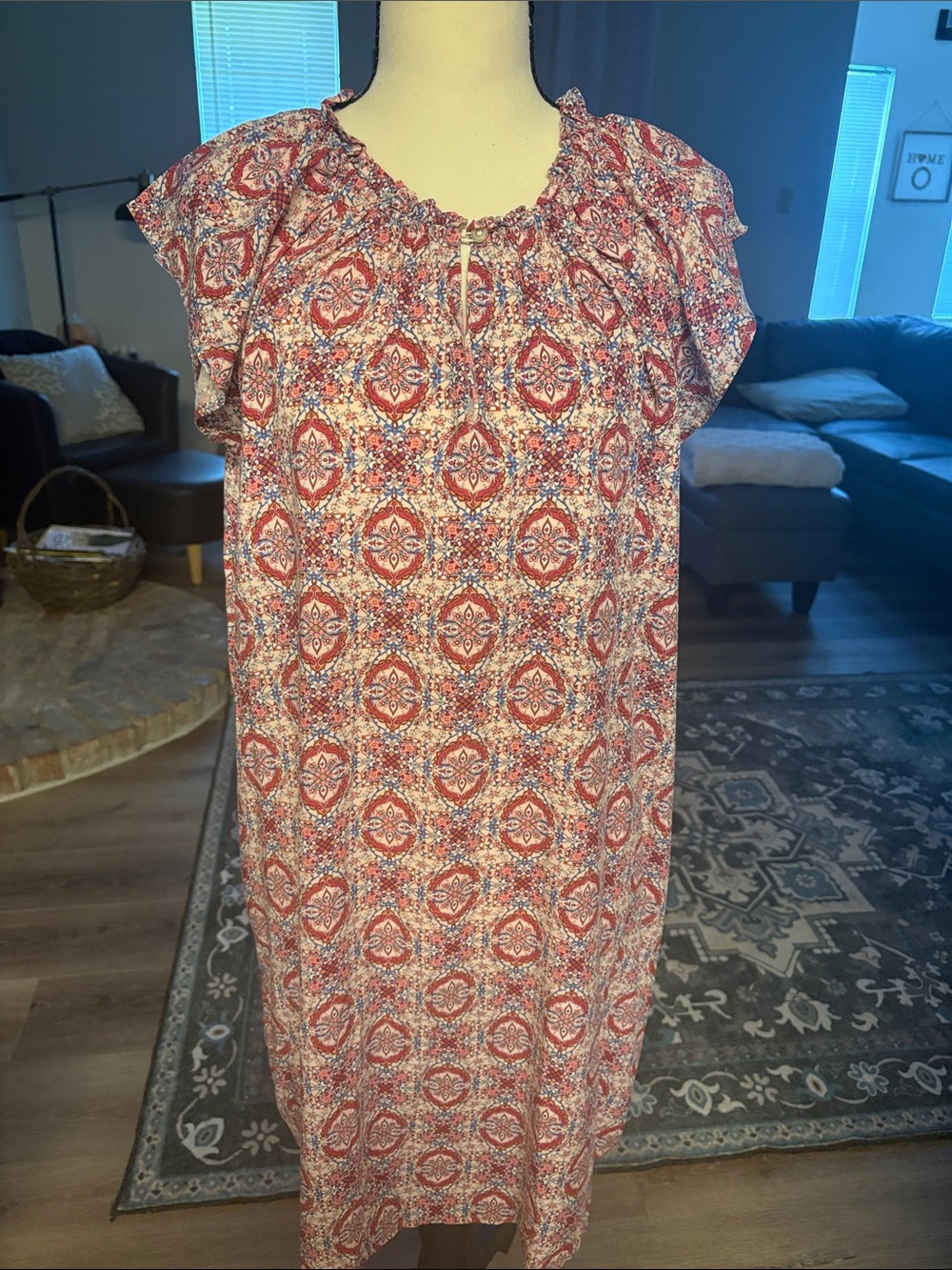 LOFT Red and White Mosaic Midi Dress with Flutter Sleeves